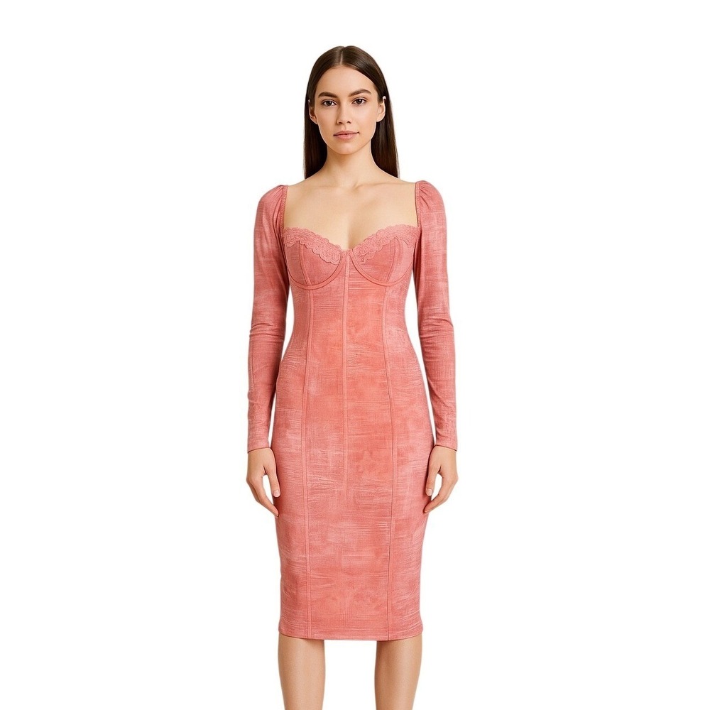 Salty Newspaper Print Dress Womens Large Pink NWOT Corset Lace Up Midi